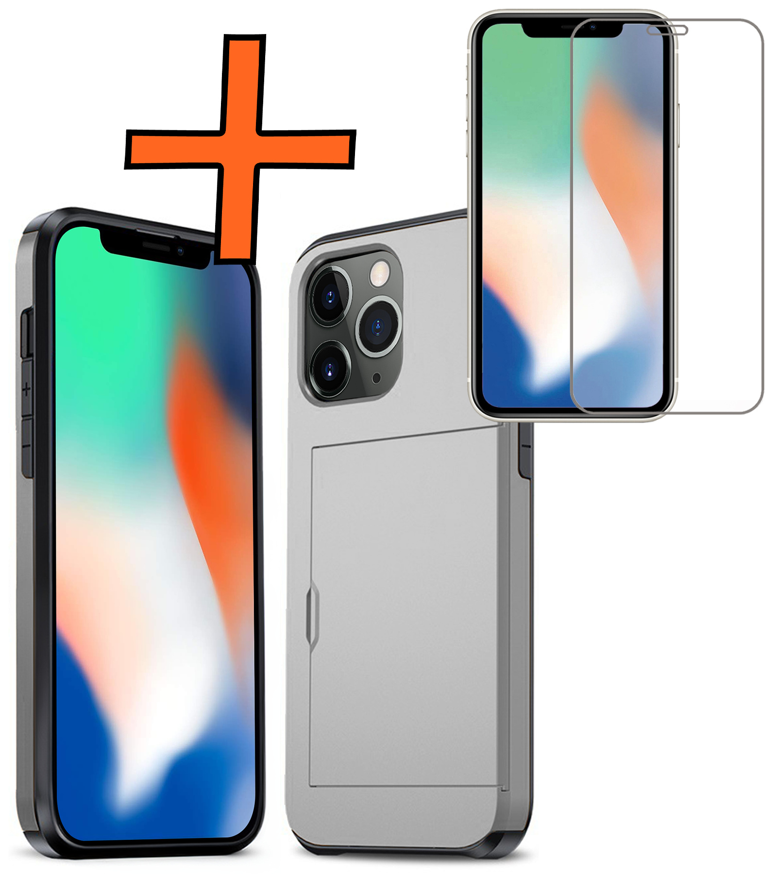 Nomfy Hoesje Geschikt voor iPhone 11 Pro Max Hoesje Pasjeshouder Shockproof Hard Case Met Screenprotector - Hoesje Geschikt voor iPhone 11 Pro Max Hoes Met Kaarthouder - Grijs