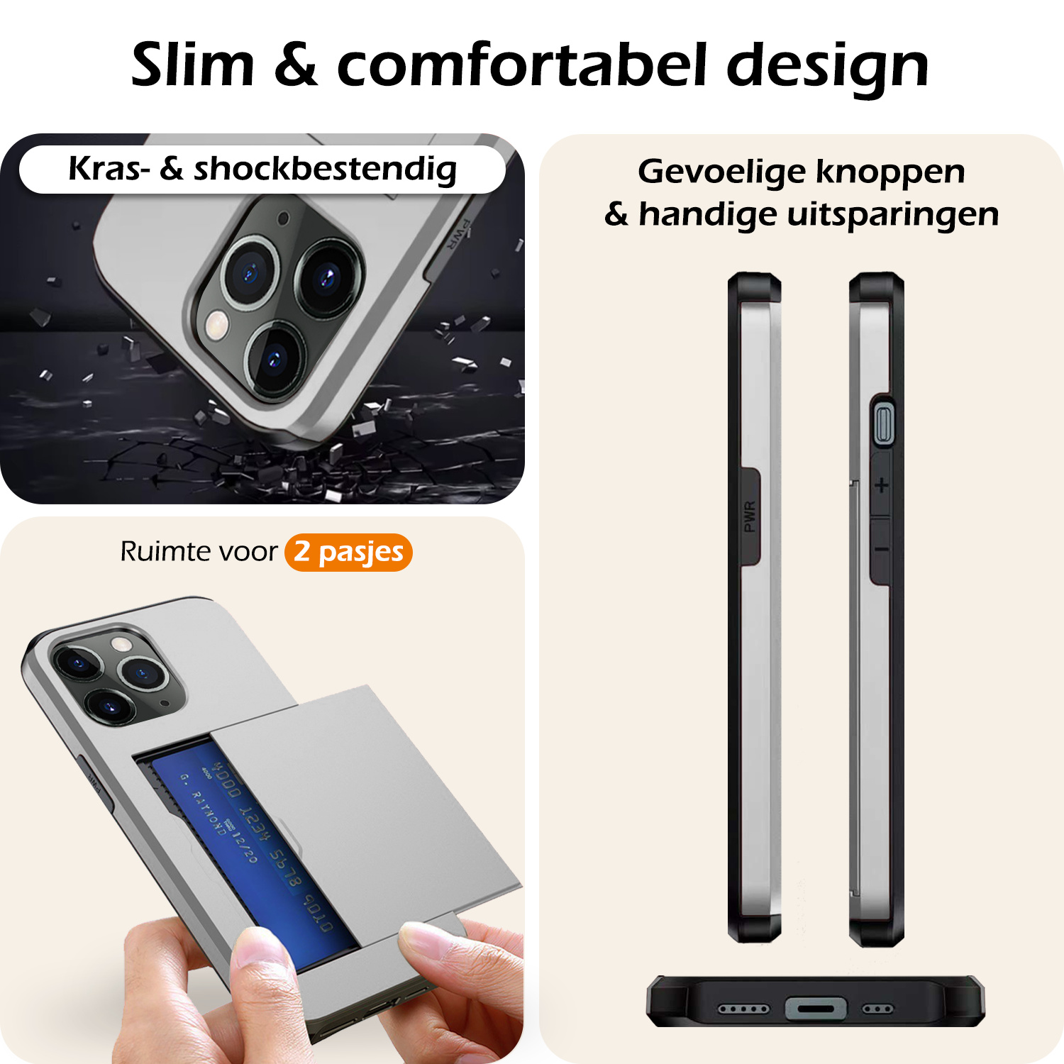 Nomfy Hoesje Geschikt voor iPhone 11 Pro Max Hoesje Pasjeshouder Shockproof Hard Case Met 2x Screenprotector - Hoesje Geschikt voor iPhone 11 Pro Max Hoes Met Kaarthouder - Grijs