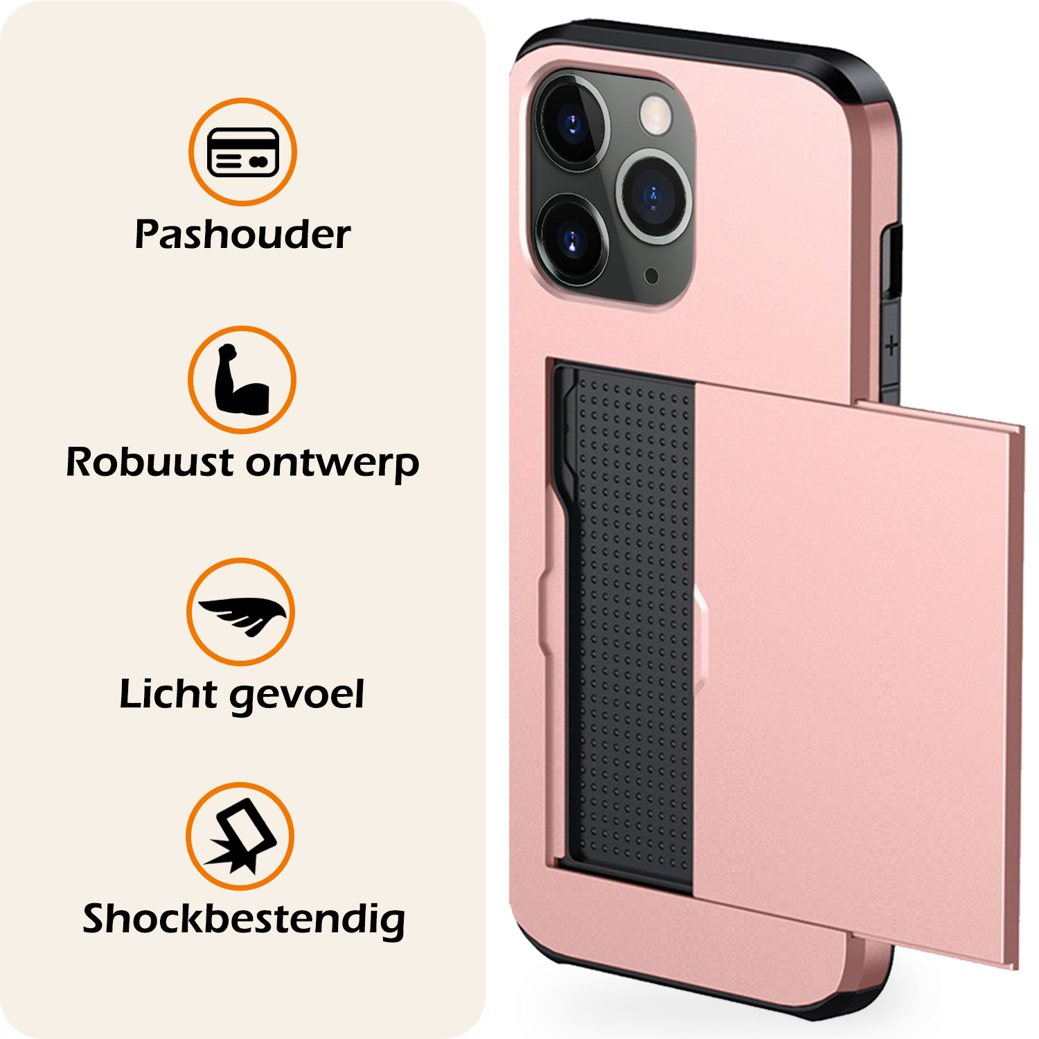 Nomfy Hoesje Geschikt voor iPhone 11 Pro Max Hoesje Pasjeshouder Shockproof Hard Case Met 2x Screenprotector - Hoesje Geschikt voor iPhone 11 Pro Max Hoes Met Kaarthouder - Rosé Goud