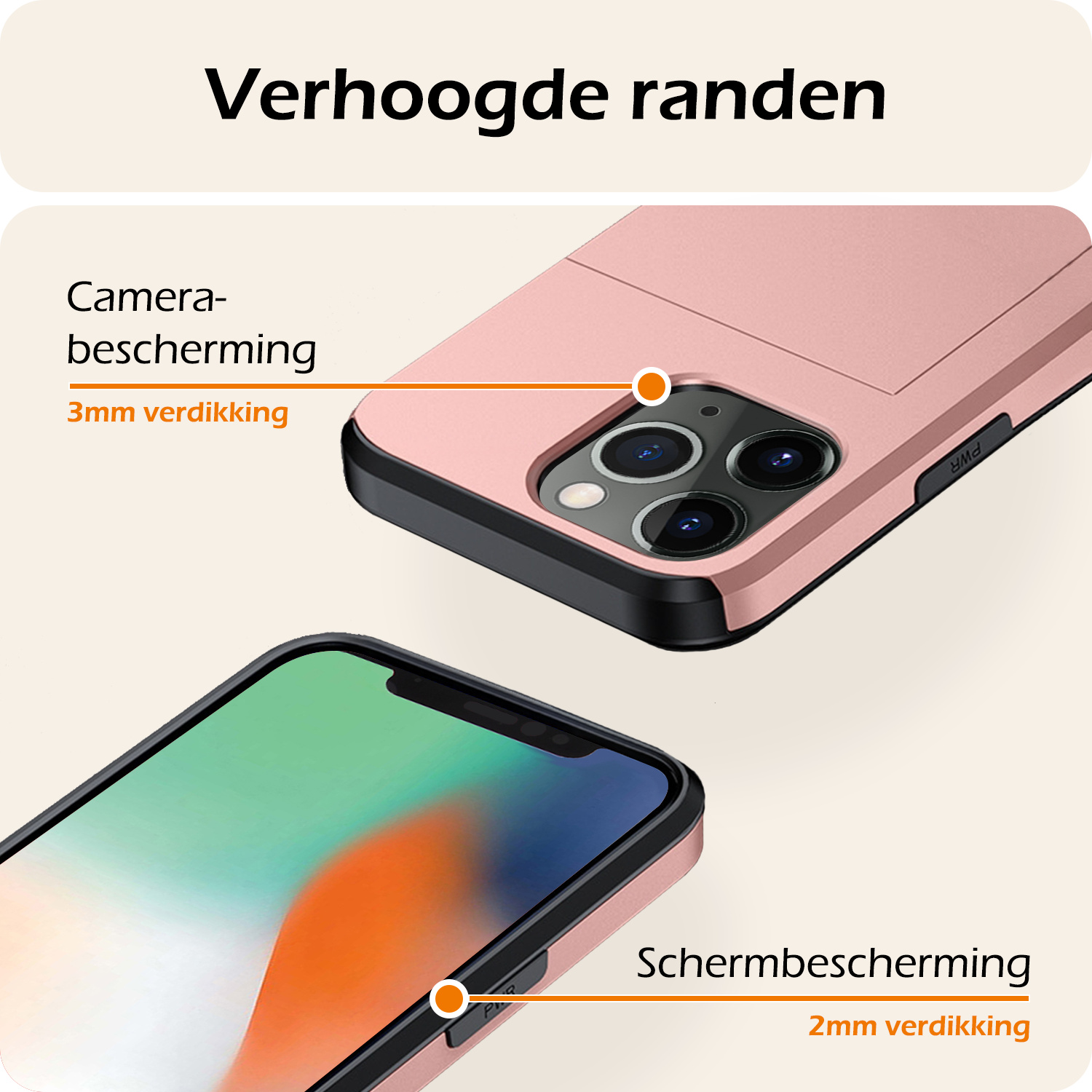 Nomfy Hoesje Geschikt voor iPhone 11 Pro Max Hoesje Pasjeshouder Shockproof Hard Case Met 2x Screenprotector - Hoesje Geschikt voor iPhone 11 Pro Max Hoes Met Kaarthouder - Rosé Goud