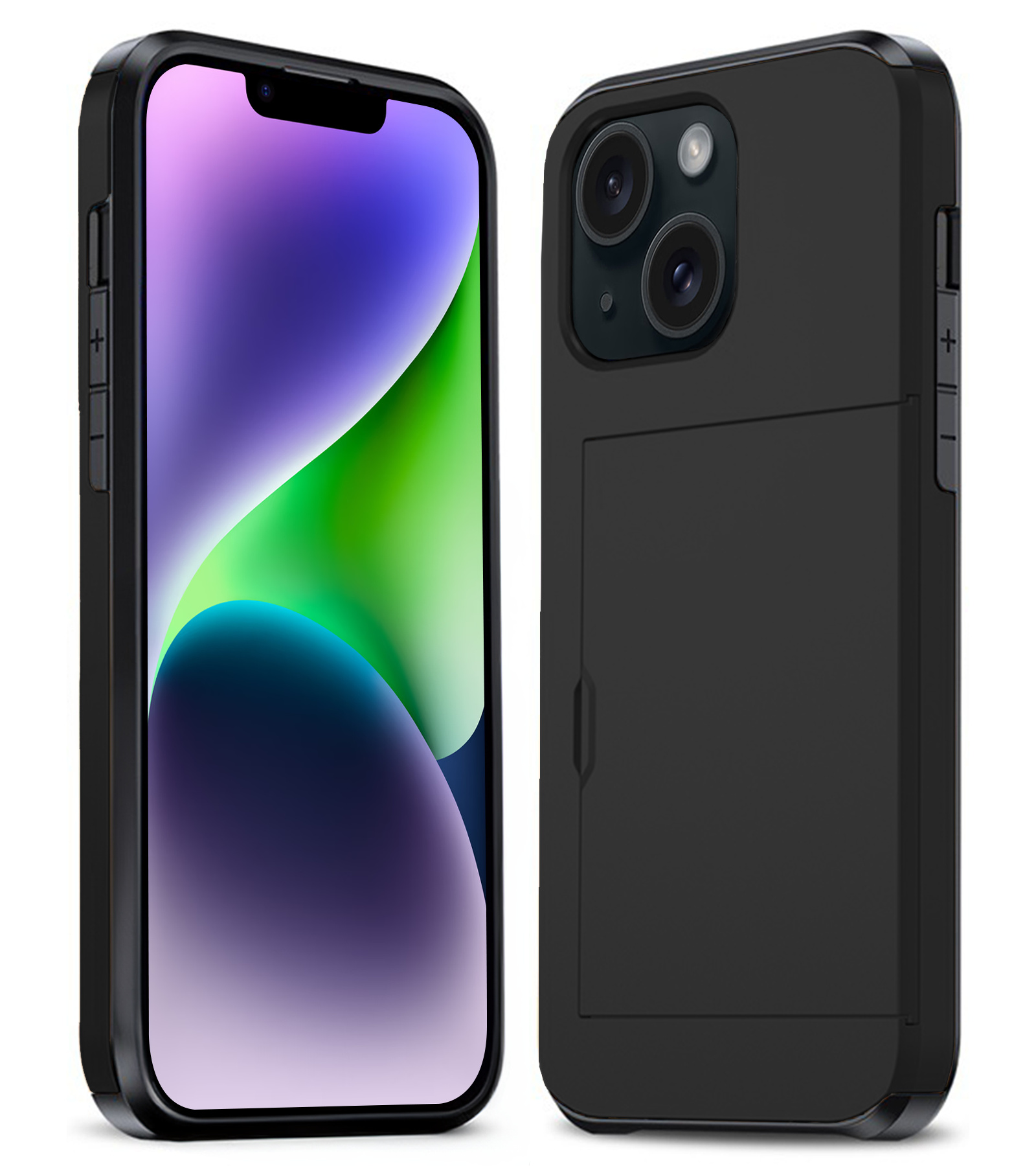 Nomfy Hoesje Geschikt voor iPhone 14 Hoesje Pasjeshouder Shockproof Hard Case - Hoesje Geschikt voor iPhone 14 Hoes Met Kaarthouder - Zwart