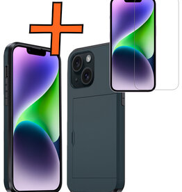 Nomfy Nomfy iPhone 14 Hoesje Pashouder Hard Met Screenprotector - Donker Blauw