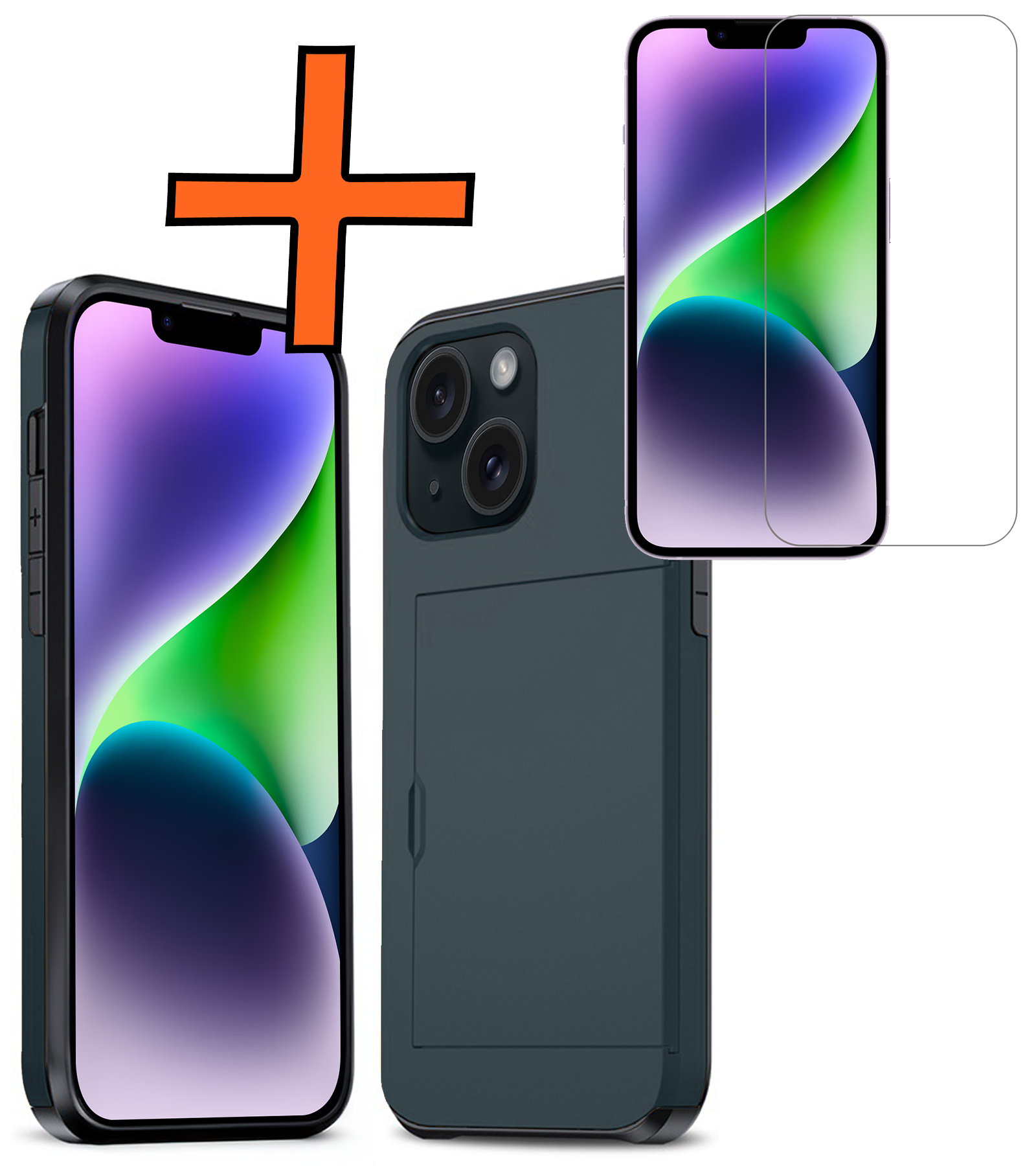 Nomfy Hoesje Geschikt voor iPhone 14 Hoesje Pasjeshouder Shockproof Hard Case Met Screenprotector - Hoesje Geschikt voor iPhone 14 Hoes Met Kaarthouder - Donker Blauw