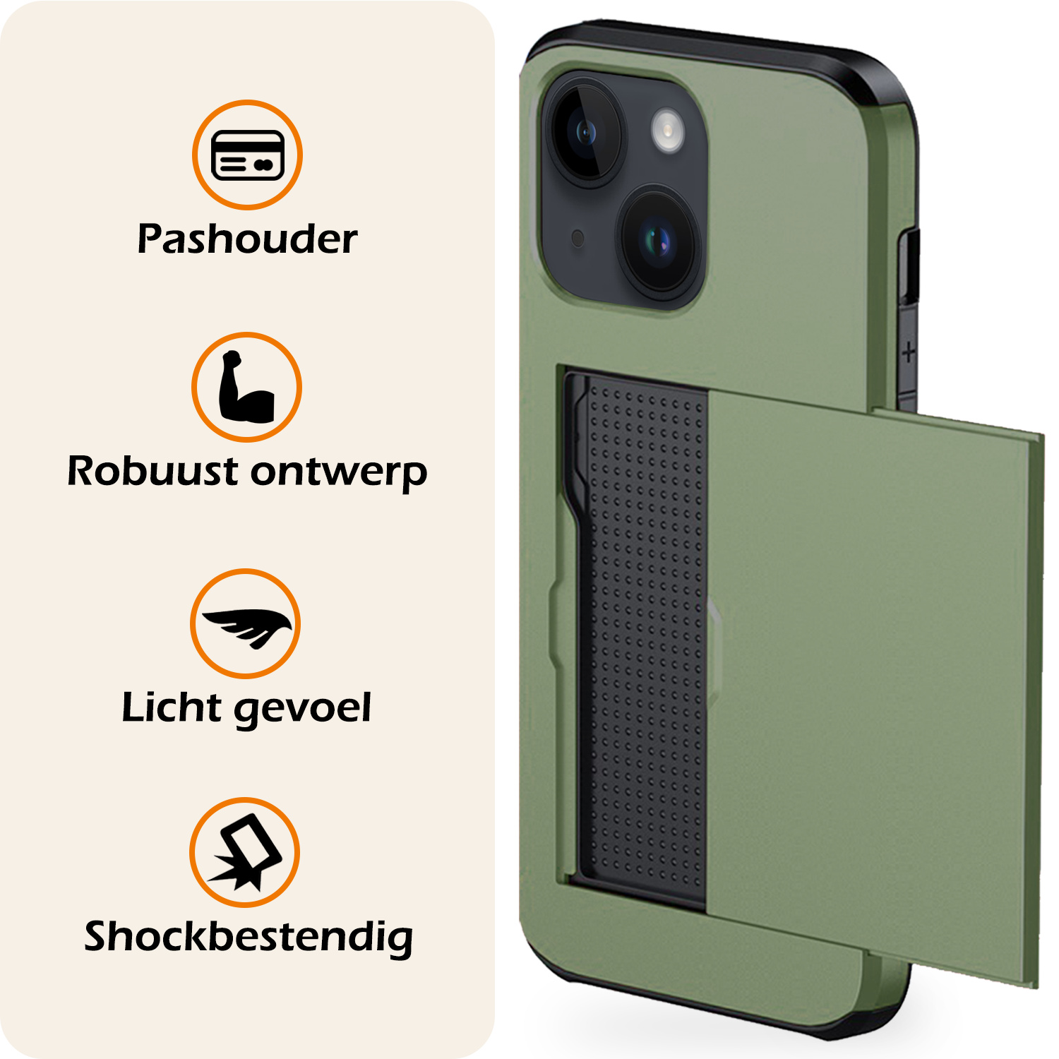 Nomfy Hoesje Geschikt voor iPhone 14 Hoesje Pasjeshouder Shockproof Hard Case Met Screenprotector - Hoesje Geschikt voor iPhone 14 Hoes Met Kaarthouder - Donker Groen
