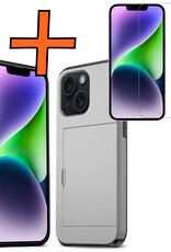 Nomfy Hoesje Geschikt voor iPhone 14 Hoesje Pasjeshouder Shockproof Hard Case Met Screenprotector - Hoesje Geschikt voor iPhone 14 Hoes Met Kaarthouder - Grijs