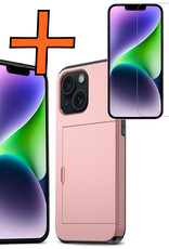 Nomfy Hoesje Geschikt voor iPhone 14 Hoesje Pasjeshouder Shockproof Hard Case Met Screenprotector - Hoesje Geschikt voor iPhone 14 Hoes Met Kaarthouder - Rosé Goud
