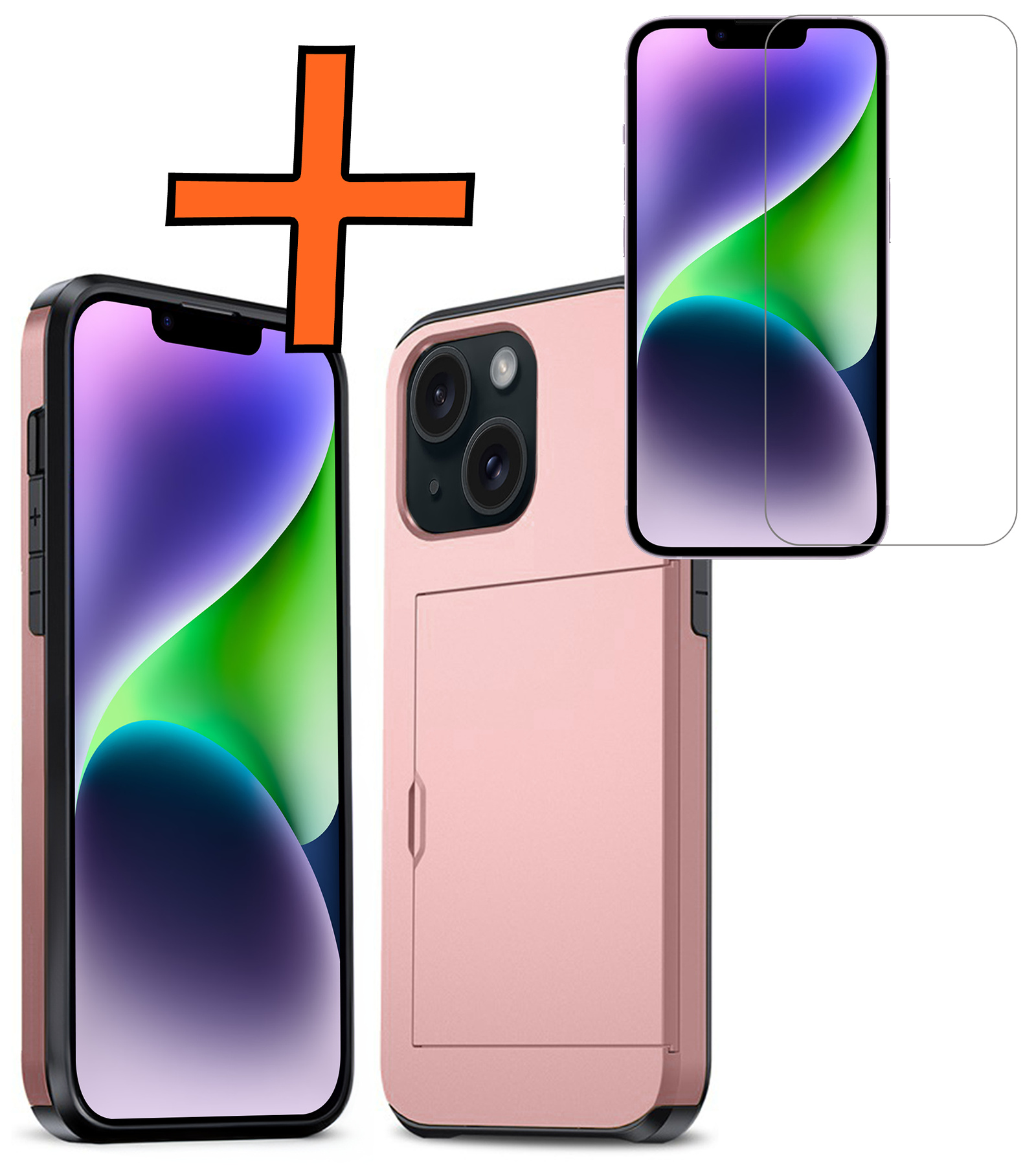 Nomfy Hoesje Geschikt voor iPhone 14 Hoesje Pasjeshouder Shockproof Hard Case Met Screenprotector - Hoesje Geschikt voor iPhone 14 Hoes Met Kaarthouder - Rosé Goud