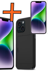 Nomfy Hoesje Geschikt voor iPhone 14 Hoesje Pasjeshouder Shockproof Hard Case Met Screenprotector - Hoesje Geschikt voor iPhone 14 Hoes Met Kaarthouder - Zwart
