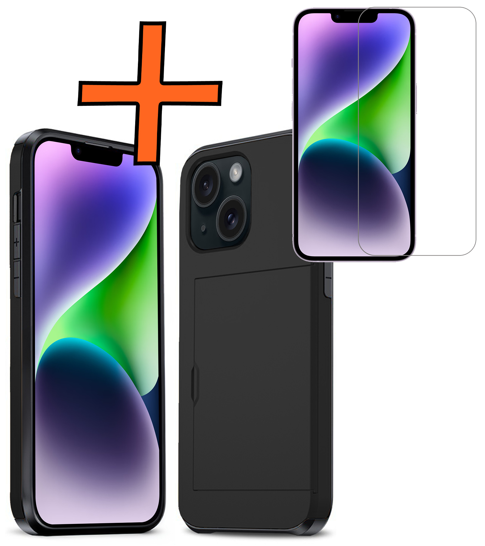 Nomfy Hoesje Geschikt voor iPhone 14 Hoesje Pasjeshouder Shockproof Hard Case Met Screenprotector - Hoesje Geschikt voor iPhone 14 Hoes Met Kaarthouder - Zwart