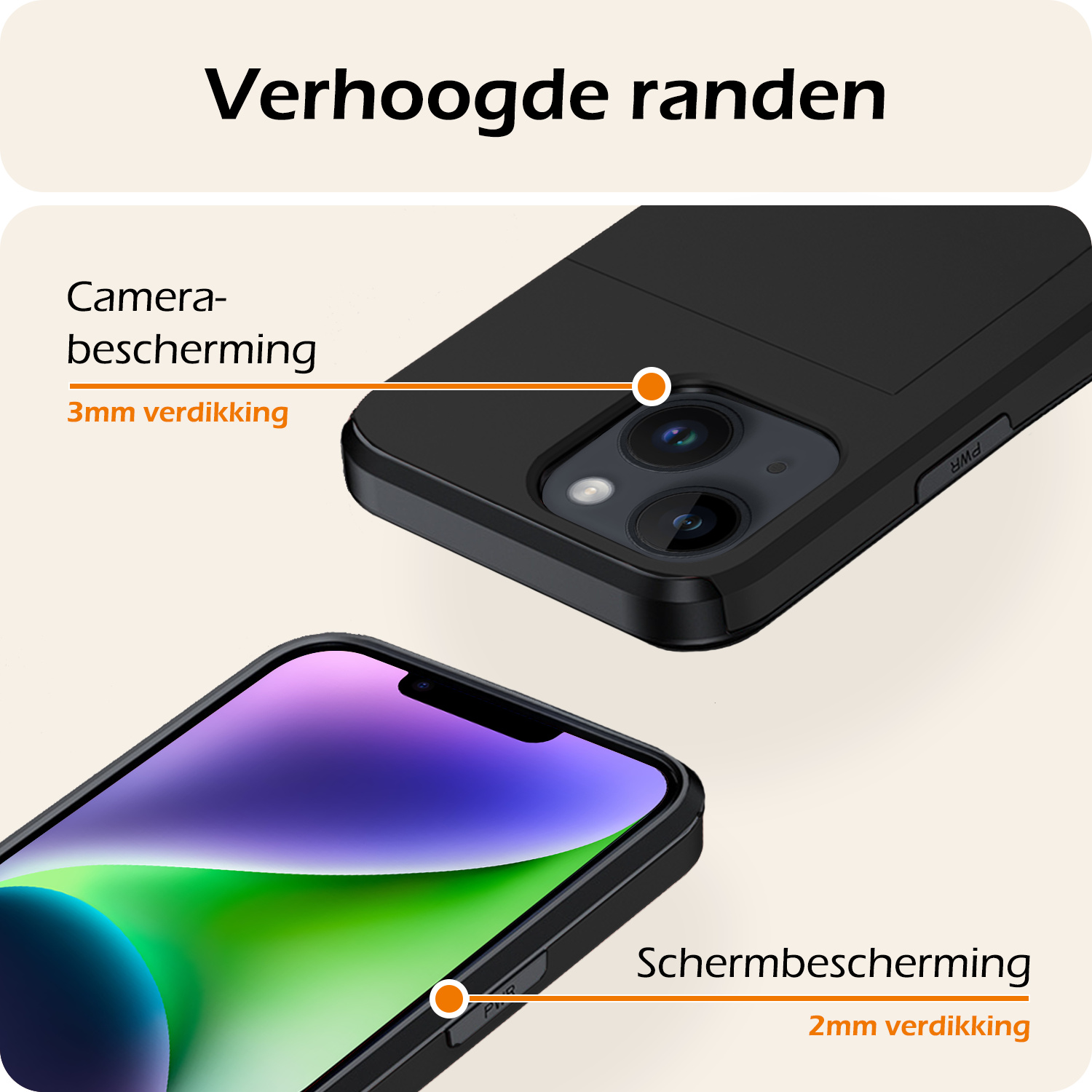 Nomfy Hoesje Geschikt voor iPhone 14 Hoesje Pasjeshouder Shockproof Hard Case Met Screenprotector - Hoesje Geschikt voor iPhone 14 Hoes Met Kaarthouder - Zwart