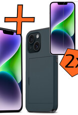 Nomfy Hoesje Geschikt voor iPhone 14 Hoesje Pasjeshouder Shockproof Hard Case Met 2x Screenprotector - Hoesje Geschikt voor iPhone 14 Hoes Met Kaarthouder - Donker Blauw