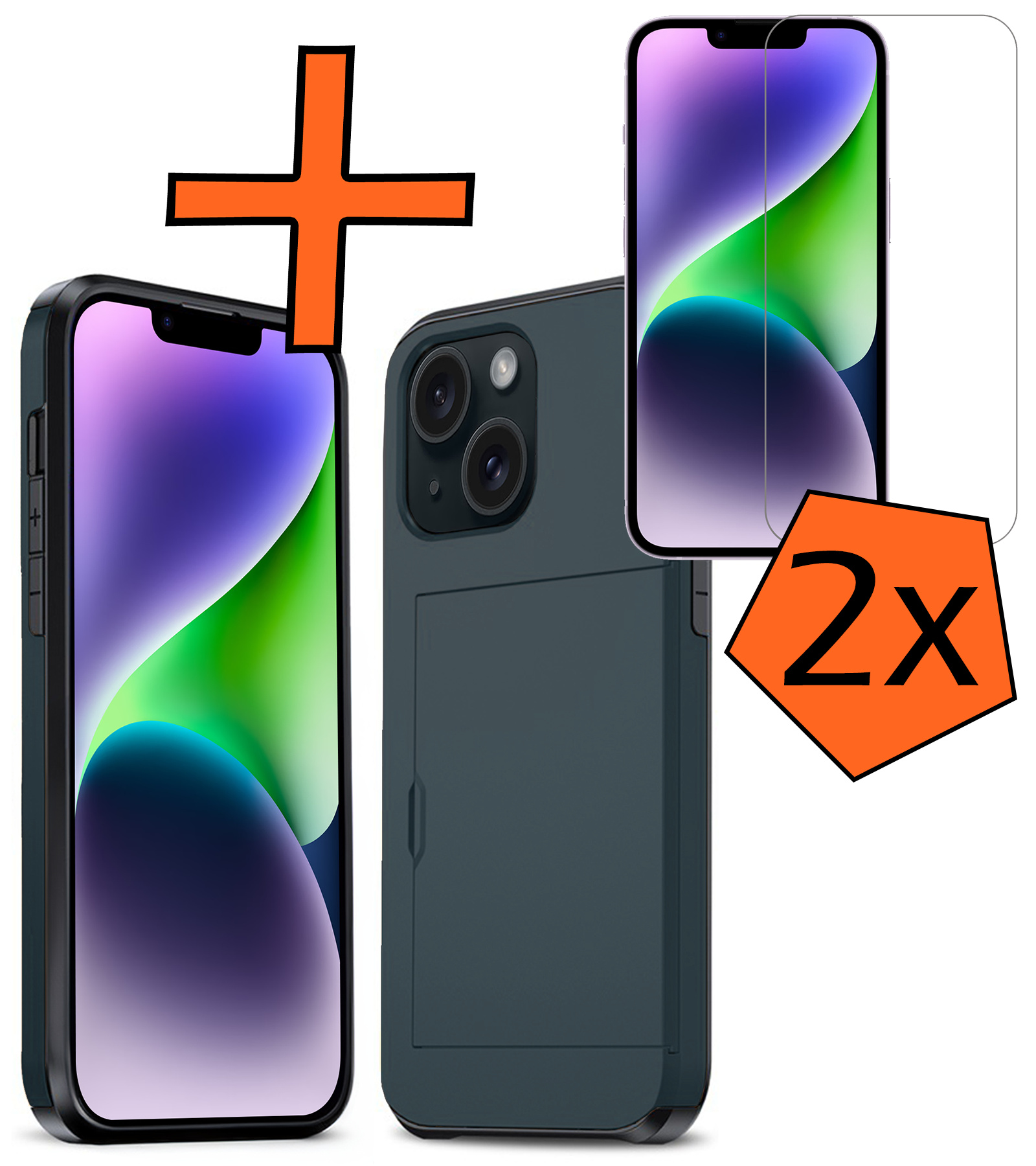 Nomfy Hoesje Geschikt voor iPhone 14 Hoesje Pasjeshouder Shockproof Hard Case Met 2x Screenprotector - Hoesje Geschikt voor iPhone 14 Hoes Met Kaarthouder - Donker Blauw