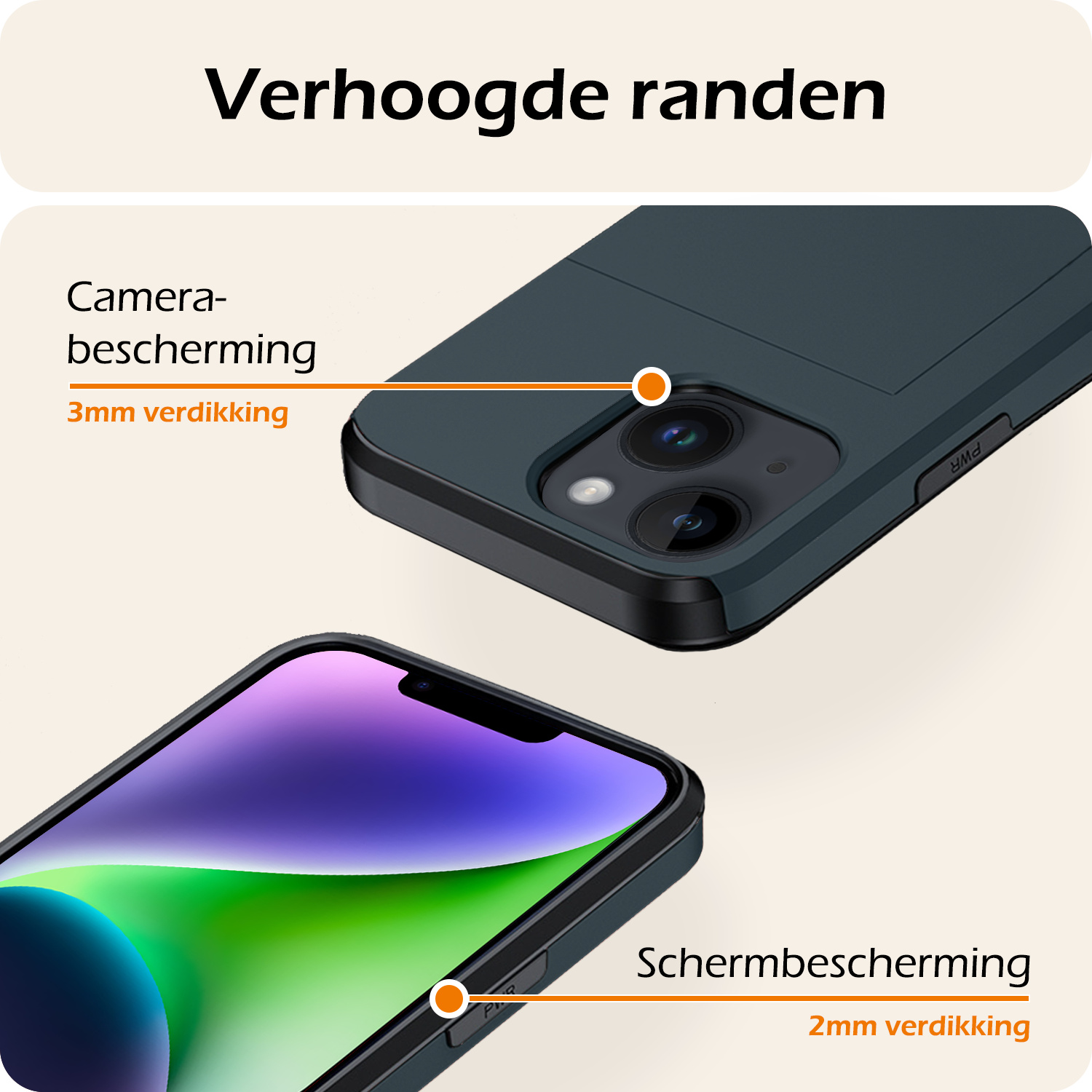 Nomfy Hoesje Geschikt voor iPhone 14 Hoesje Pasjeshouder Shockproof Hard Case Met 2x Screenprotector - Hoesje Geschikt voor iPhone 14 Hoes Met Kaarthouder - Donker Blauw
