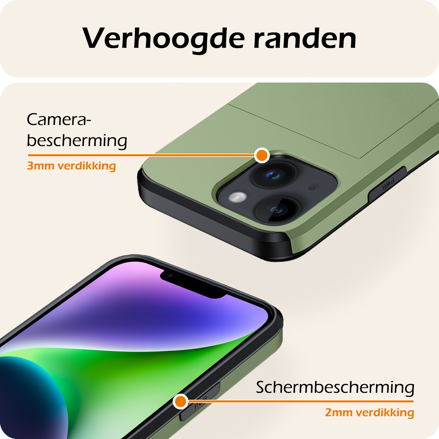 Nomfy Hoesje Geschikt voor iPhone 14 Hoesje Pasjeshouder Shockproof Hard Case Met 2x Screenprotector - Hoesje Geschikt voor iPhone 14 Hoes Met Kaarthouder - Donker Groen