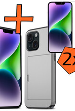 Nomfy Hoesje Geschikt voor iPhone 14 Hoesje Pasjeshouder Shockproof Hard Case Met 2x Screenprotector - Hoesje Geschikt voor iPhone 14 Hoes Met Kaarthouder - Grijs
