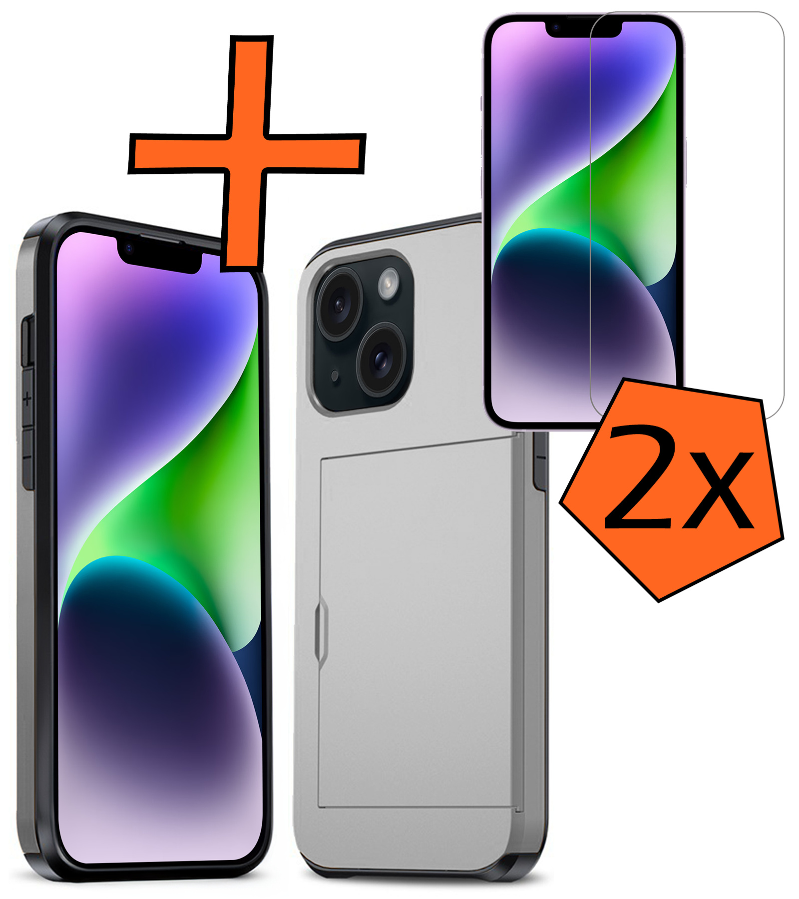 Nomfy Hoesje Geschikt voor iPhone 14 Hoesje Pasjeshouder Shockproof Hard Case Met 2x Screenprotector - Hoesje Geschikt voor iPhone 14 Hoes Met Kaarthouder - Grijs