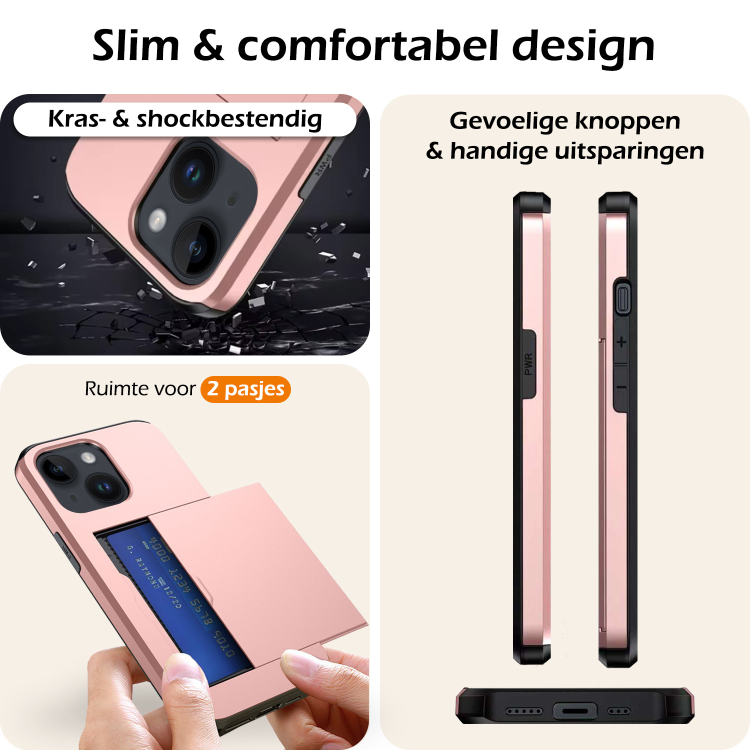 Nomfy Hoesje Geschikt voor iPhone 14 Hoesje Pasjeshouder Shockproof Hard Case Met 2x Screenprotector - Hoesje Geschikt voor iPhone 14 Hoes Met Kaarthouder - Rosé Goud