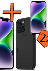 Nomfy Hoesje Geschikt voor iPhone 14 Hoesje Pasjeshouder Shockproof Hard Case Met 2x Screenprotector - Hoesje Geschikt voor iPhone 14 Hoes Met Kaarthouder - Zwart