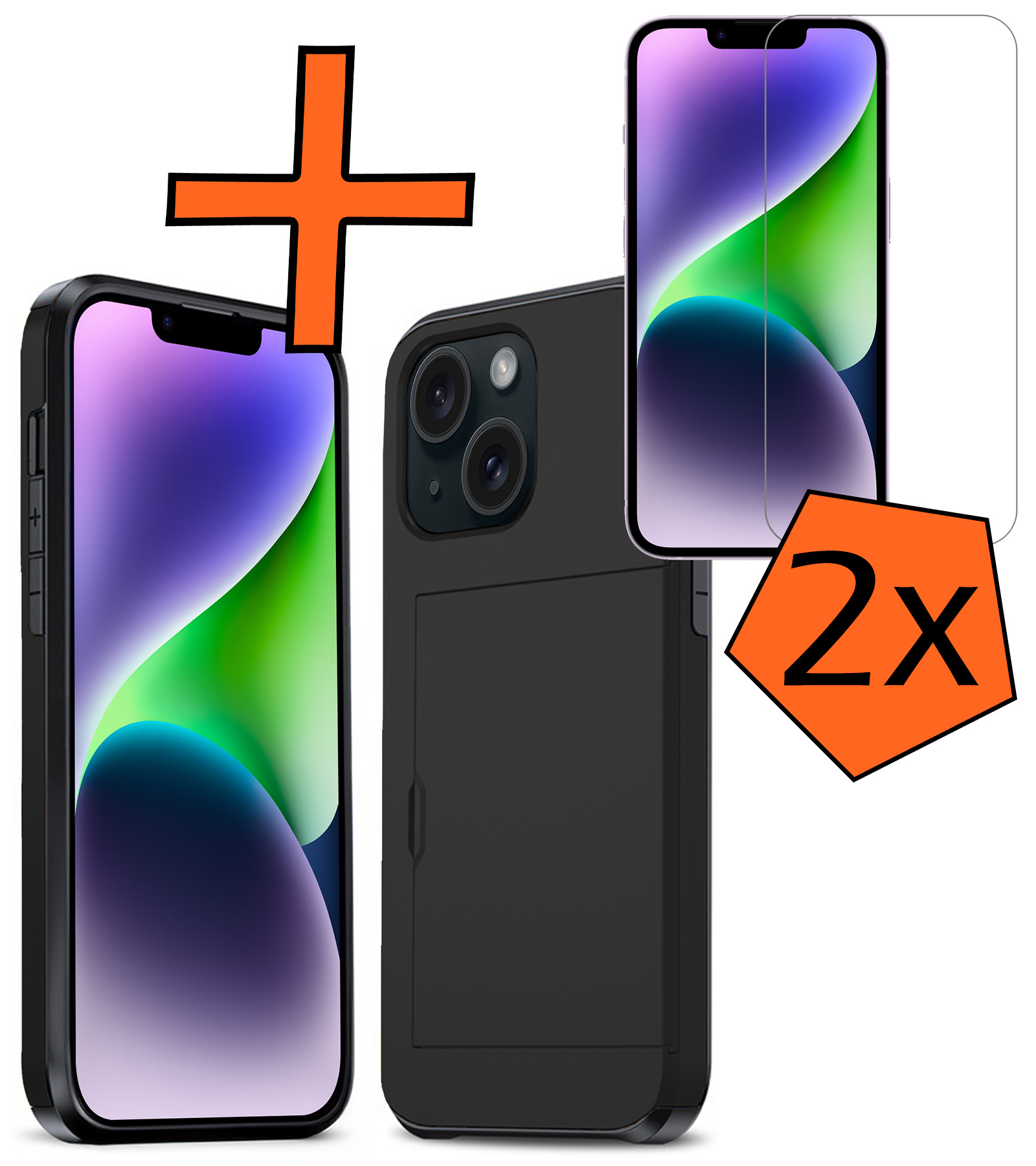 Nomfy Hoesje Geschikt voor iPhone 14 Hoesje Pasjeshouder Shockproof Hard Case Met 2x Screenprotector - Hoesje Geschikt voor iPhone 14 Hoes Met Kaarthouder - Zwart