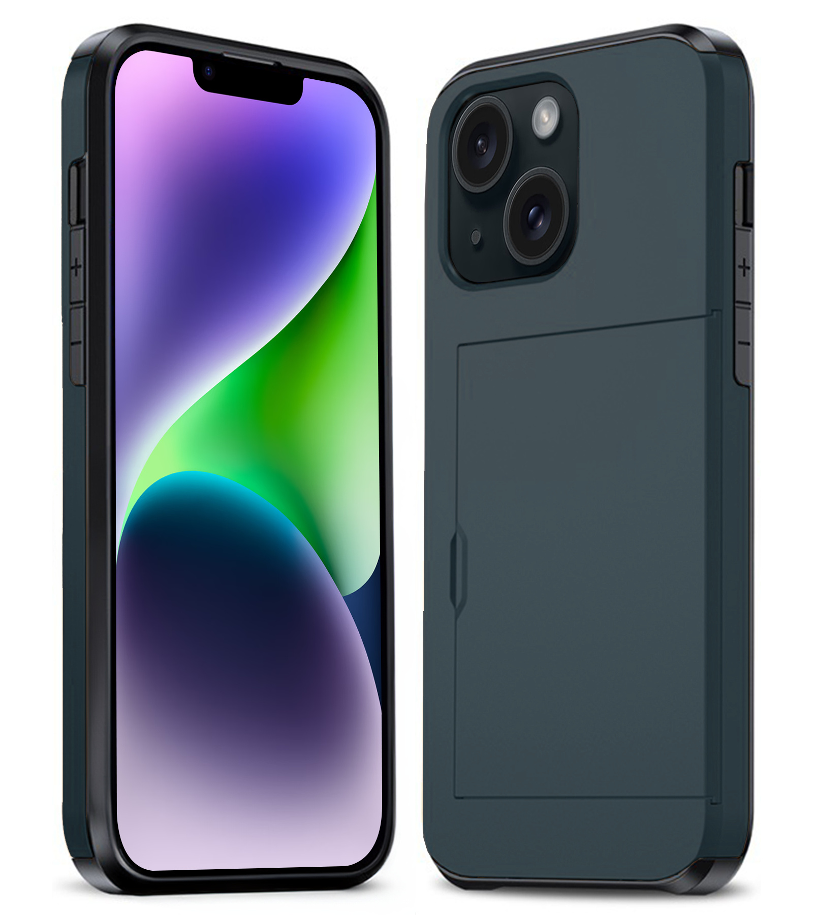 Nomfy Hoesje Geschikt voor iPhone 14 Plus Hoesje Pasjeshouder Shockproof Hard Case - Hoesje Geschikt voor iPhone 14 Plus Hoes Met Kaarthouder - Donker Blauw