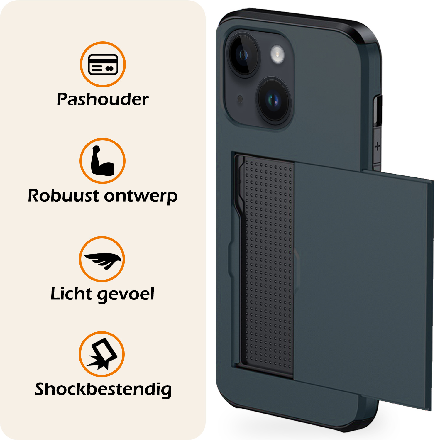 Nomfy Hoesje Geschikt voor iPhone 14 Plus Hoesje Pasjeshouder Shockproof Hard Case - Hoesje Geschikt voor iPhone 14 Plus Hoes Met Kaarthouder - Donker Blauw