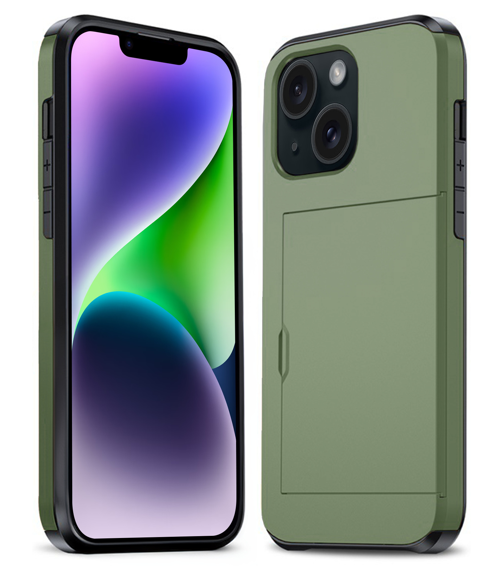 Nomfy Hoesje Geschikt voor iPhone 14 Plus Hoesje Pasjeshouder Shockproof Hard Case - Hoesje Geschikt voor iPhone 14 Plus Hoes Met Kaarthouder - Donker Groen