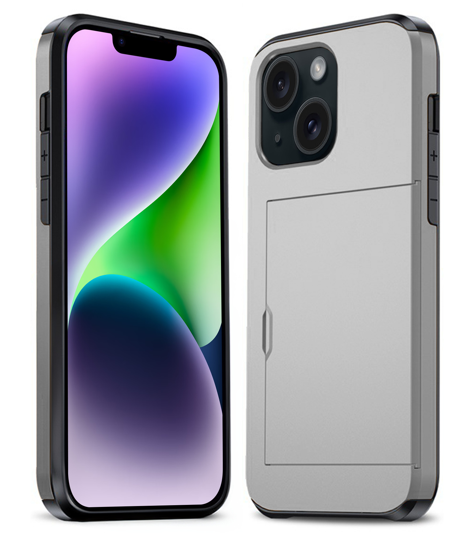 Nomfy Hoesje Geschikt voor iPhone 14 Plus Hoesje Pasjeshouder Shockproof Hard Case - Hoesje Geschikt voor iPhone 14 Plus Hoes Met Kaarthouder - Grijs