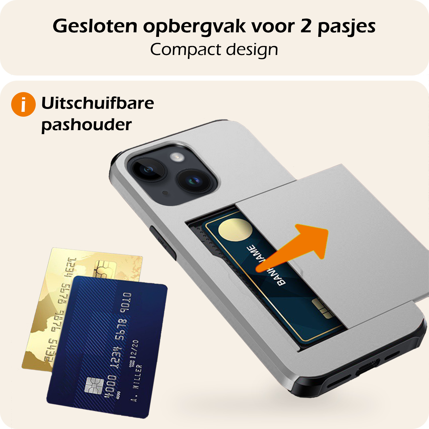 Nomfy Hoesje Geschikt voor iPhone 14 Plus Hoesje Pasjeshouder Shockproof Hard Case - Hoesje Geschikt voor iPhone 14 Plus Hoes Met Kaarthouder - Grijs