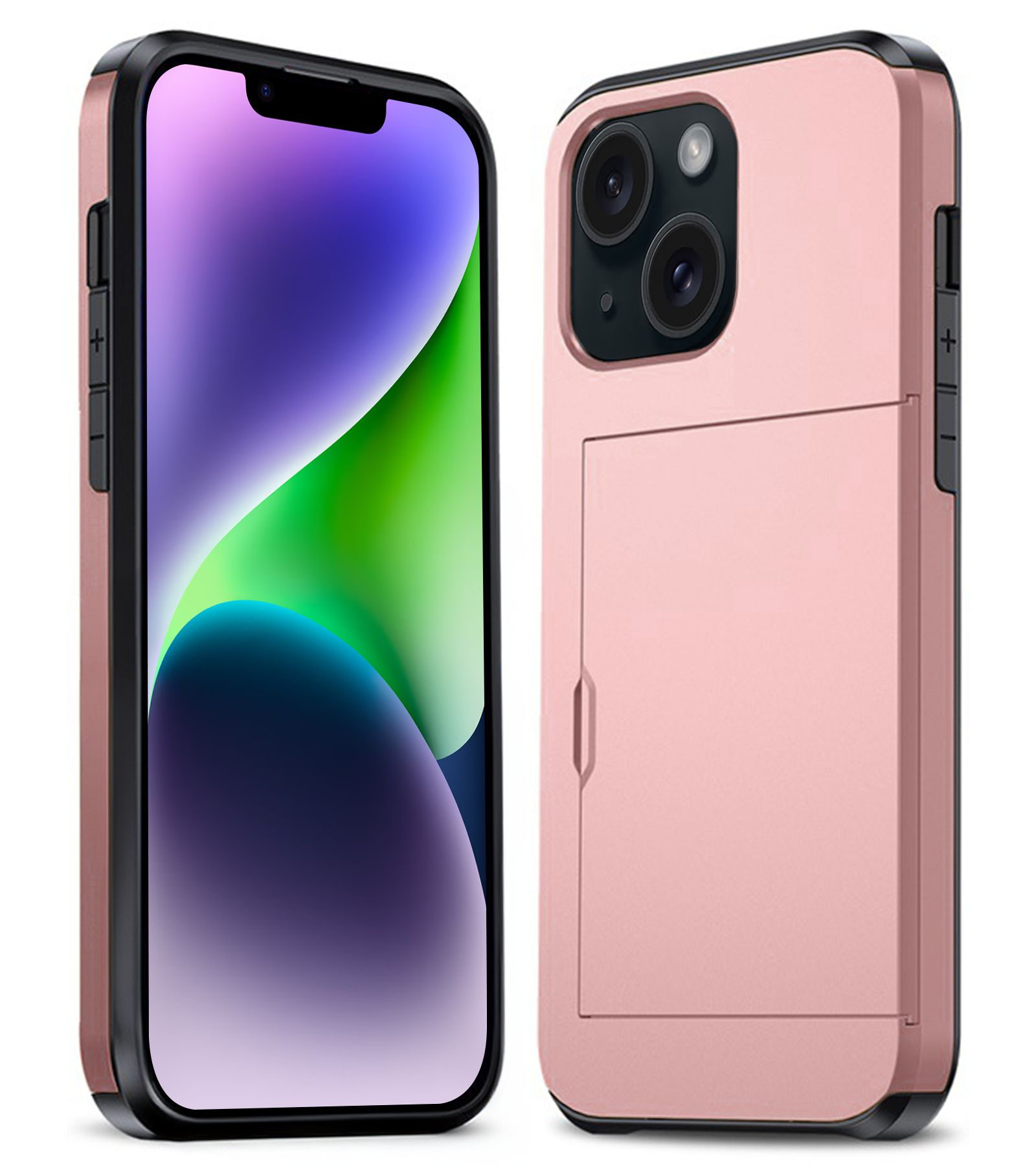 Nomfy Hoesje Geschikt voor iPhone 14 Plus Hoesje Pasjeshouder Shockproof Hard Case - Hoesje Geschikt voor iPhone 14 Plus Hoes Met Kaarthouder - Rosé Goud