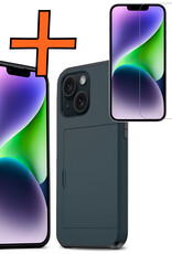 Nomfy Hoesje Geschikt voor iPhone 14 Plus Hoesje Pasjeshouder Shockproof Hard Case Met Screenprotector - Hoesje Geschikt voor iPhone 14 Plus Hoes Met Kaarthouder - Donker Blauw