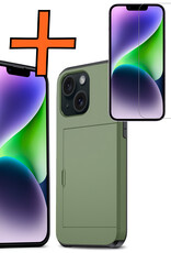 Nomfy Hoesje Geschikt voor iPhone 14 Plus Hoesje Pasjeshouder Shockproof Hard Case Met Screenprotector - Hoesje Geschikt voor iPhone 14 Plus Hoes Met Kaarthouder - Donker Groen