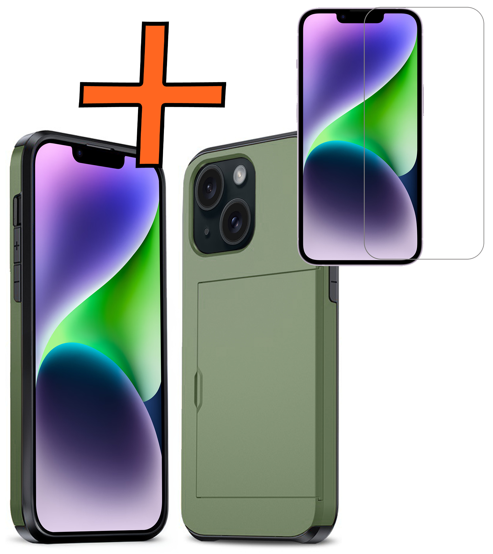 Nomfy Hoesje Geschikt voor iPhone 14 Plus Hoesje Pasjeshouder Shockproof Hard Case Met Screenprotector - Hoesje Geschikt voor iPhone 14 Plus Hoes Met Kaarthouder - Donker Groen