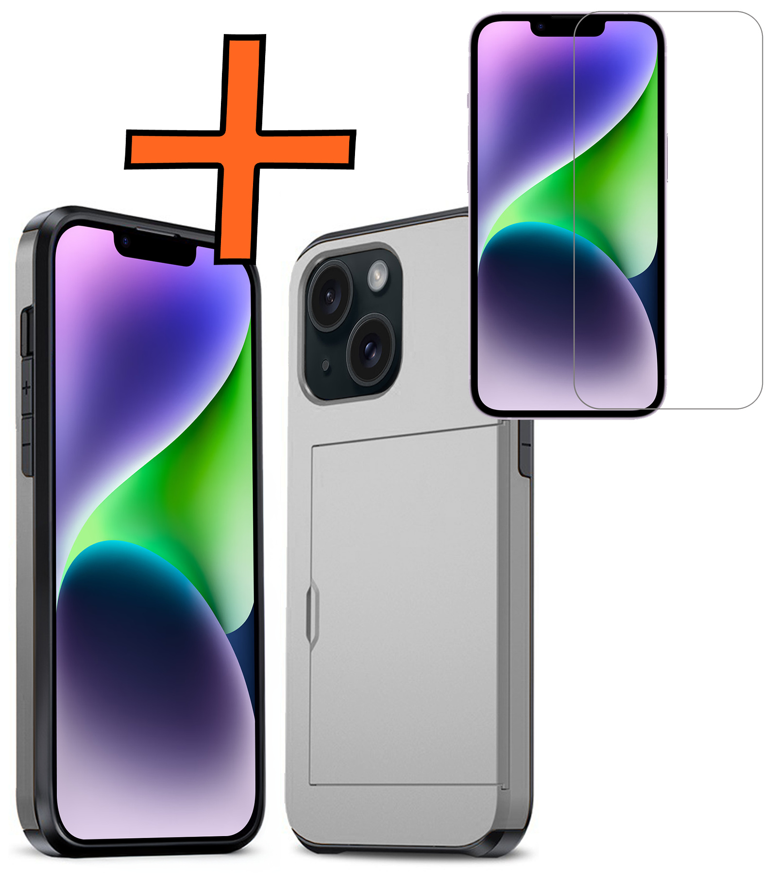 Nomfy Hoesje Geschikt voor iPhone 14 Plus Hoesje Pasjeshouder Shockproof Hard Case Met Screenprotector - Hoesje Geschikt voor iPhone 14 Plus Hoes Met Kaarthouder - Grijs