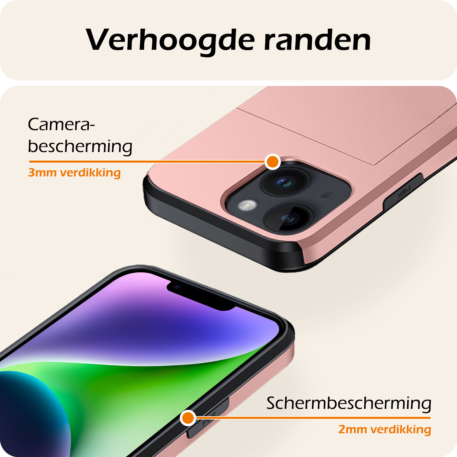 Nomfy Hoesje Geschikt voor iPhone 14 Plus Hoesje Pasjeshouder Shockproof Hard Case Met Screenprotector - Hoesje Geschikt voor iPhone 14 Plus Hoes Met Kaarthouder - Rosé Goud