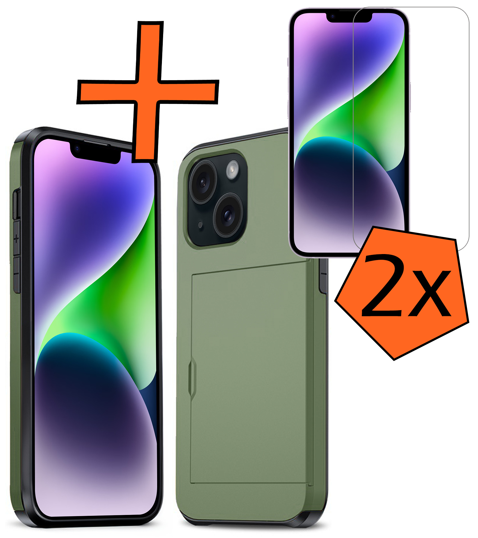 Nomfy Hoesje Geschikt voor iPhone 14 Plus Hoesje Pasjeshouder Shockproof Hard Case Met 2x Screenprotector - Hoesje Geschikt voor iPhone 14 Plus Hoes Met Kaarthouder - Donker Groen