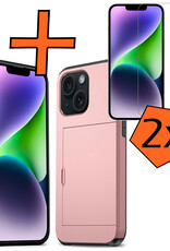 Nomfy Hoesje Geschikt voor iPhone 14 Plus Hoesje Pasjeshouder Shockproof Hard Case Met 2x Screenprotector - Hoesje Geschikt voor iPhone 14 Plus Hoes Met Kaarthouder - Rosé Goud