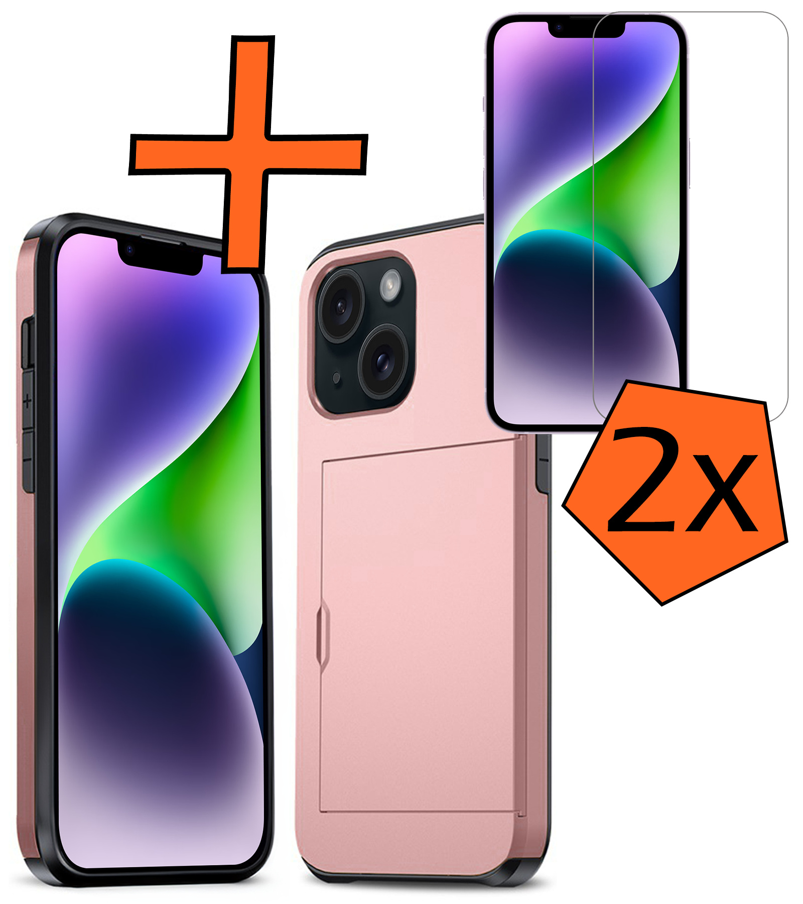 Nomfy Hoesje Geschikt voor iPhone 14 Plus Hoesje Pasjeshouder Shockproof Hard Case Met 2x Screenprotector - Hoesje Geschikt voor iPhone 14 Plus Hoes Met Kaarthouder - Rosé Goud