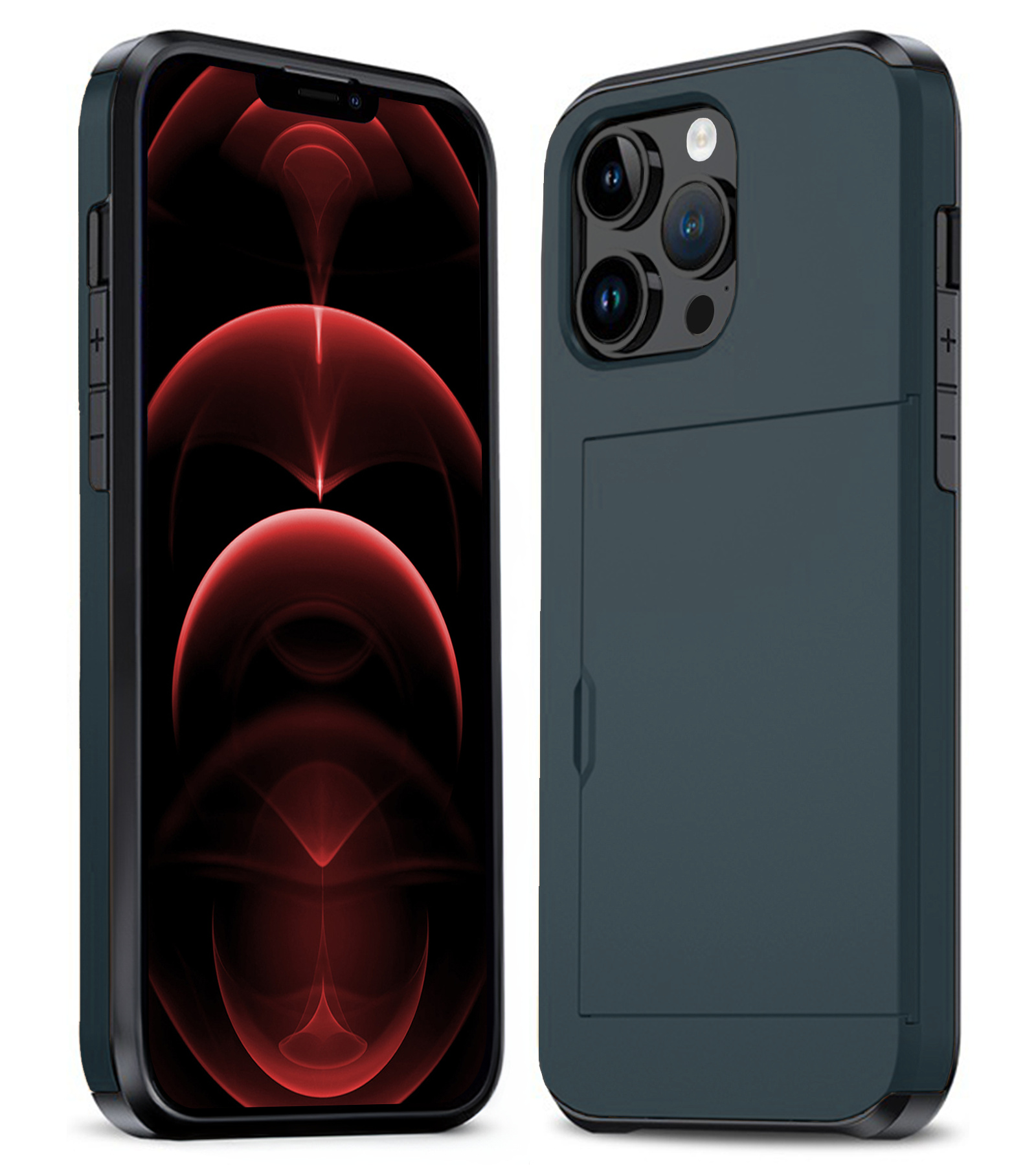 Nomfy Hoesje Geschikt voor iPhone 14 Pro Hoesje Pasjeshouder Shockproof Hard Case - Hoesje Geschikt voor iPhone 14 Pro Hoes Met Kaarthouder - Donker Blauw