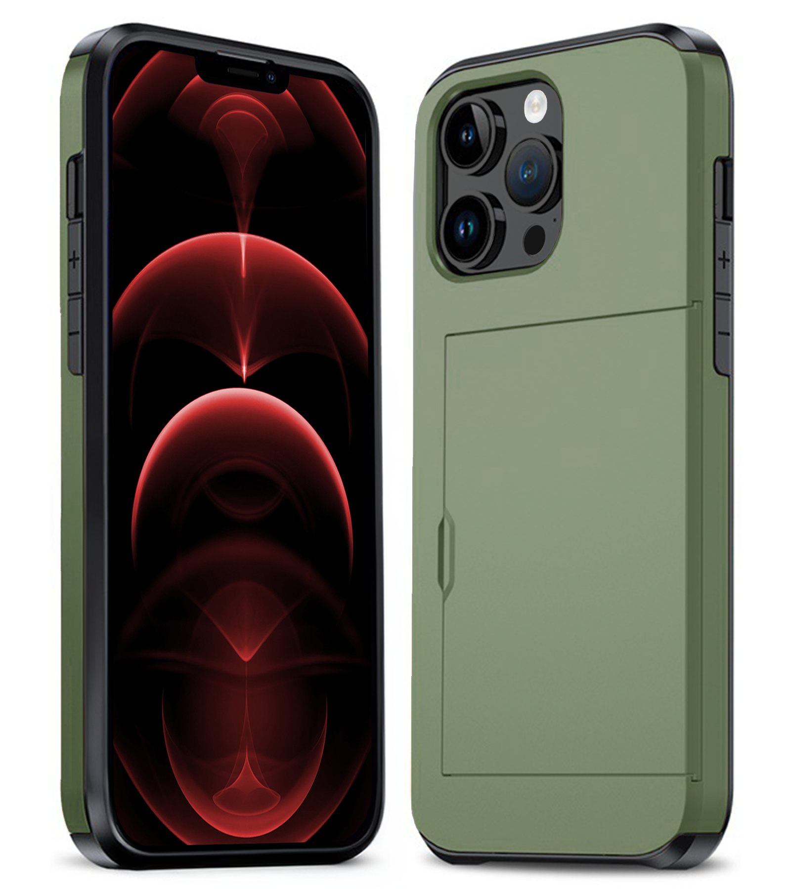Nomfy Hoesje Geschikt voor iPhone 14 Pro Hoesje Pasjeshouder Shockproof Hard Case - Hoesje Geschikt voor iPhone 14 Pro Hoes Met Kaarthouder - Donker Groen