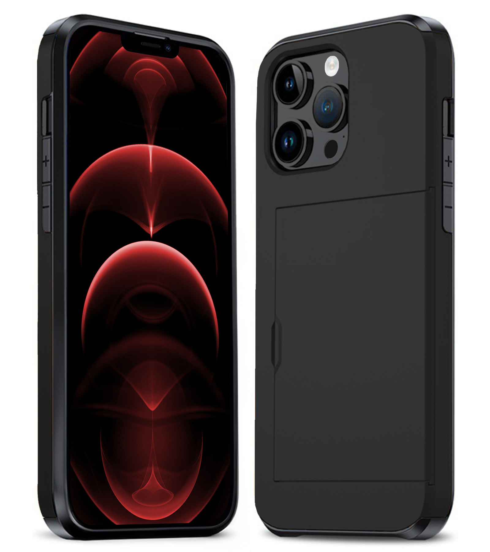 Nomfy Hoesje Geschikt voor iPhone 14 Pro Hoesje Pasjeshouder Shockproof Hard Case - Hoesje Geschikt voor iPhone 14 Pro Hoes Met Kaarthouder - Zwart