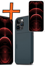 Nomfy Hoesje Geschikt voor iPhone 14 Pro Hoesje Pasjeshouder Shockproof Hard Case Met Screenprotector - Hoesje Geschikt voor iPhone 14 Pro Hoes Met Kaarthouder - Donker Blauw