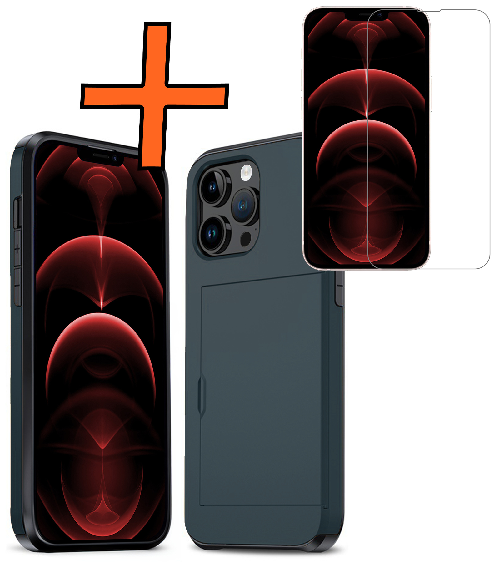 Nomfy Hoesje Geschikt voor iPhone 14 Pro Hoesje Pasjeshouder Shockproof Hard Case Met Screenprotector - Hoesje Geschikt voor iPhone 14 Pro Hoes Met Kaarthouder - Donker Blauw