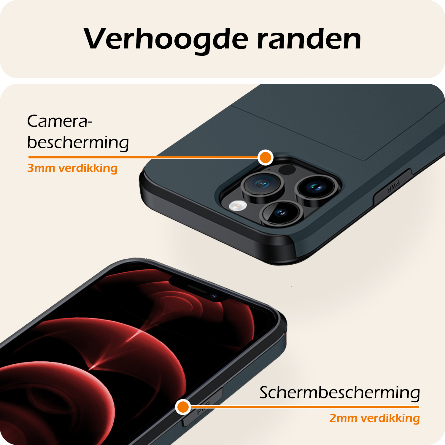 Nomfy Hoesje Geschikt voor iPhone 14 Pro Hoesje Pasjeshouder Shockproof Hard Case Met Screenprotector - Hoesje Geschikt voor iPhone 14 Pro Hoes Met Kaarthouder - Donker Blauw
