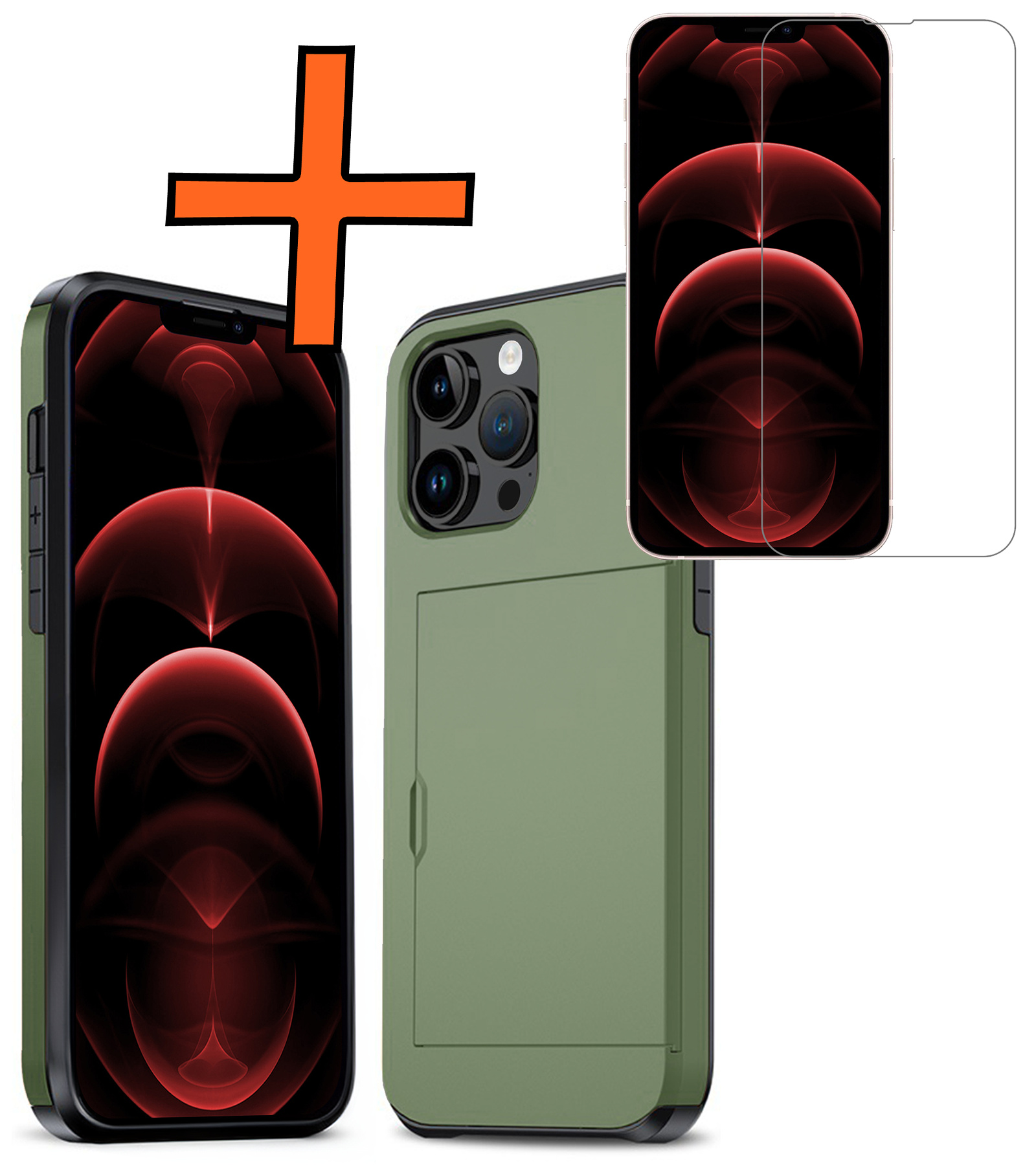 Nomfy Hoesje Geschikt voor iPhone 14 Pro Hoesje Pasjeshouder Shockproof Hard Case Met Screenprotector - Hoesje Geschikt voor iPhone 14 Pro Hoes Met Kaarthouder - Donker Groen