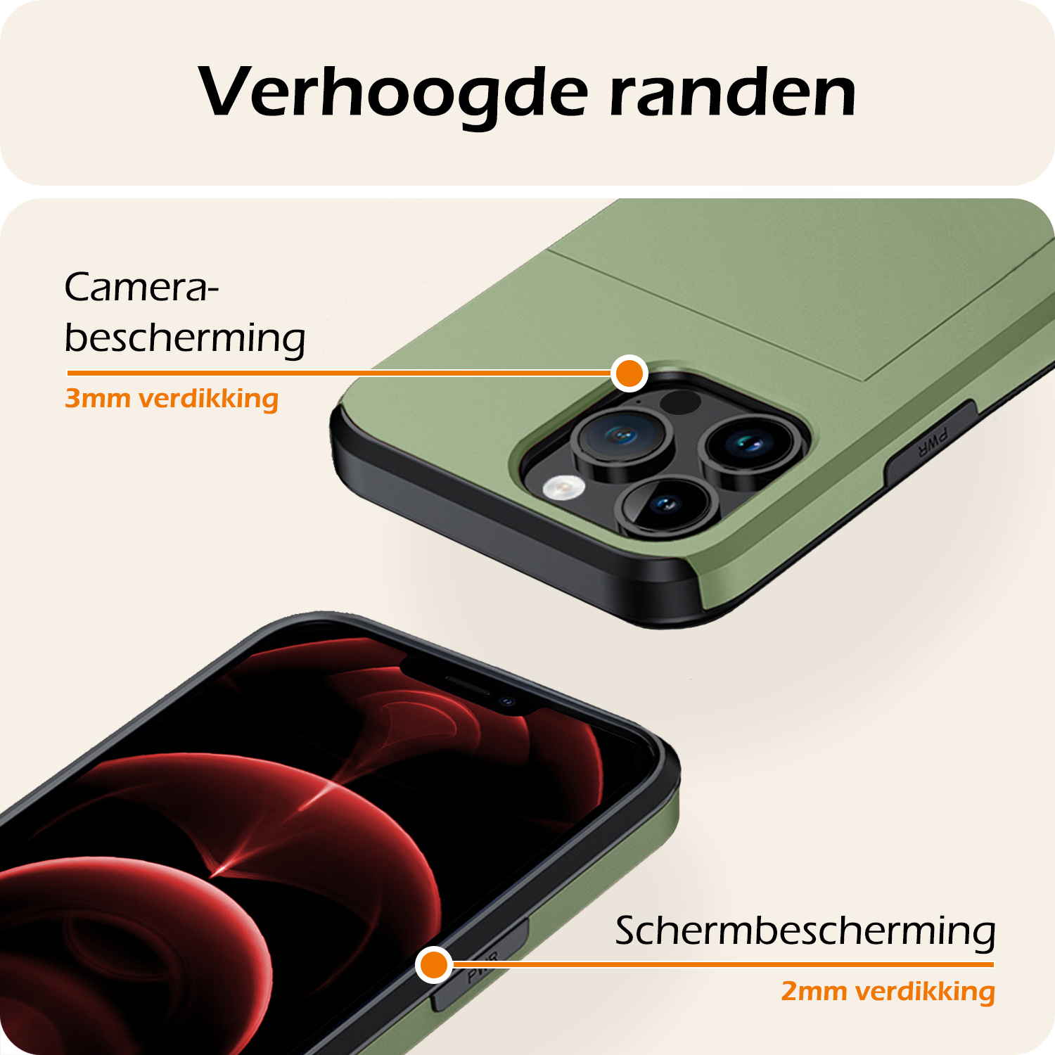 Nomfy Hoesje Geschikt voor iPhone 14 Pro Hoesje Pasjeshouder Shockproof Hard Case Met Screenprotector - Hoesje Geschikt voor iPhone 14 Pro Hoes Met Kaarthouder - Donker Groen