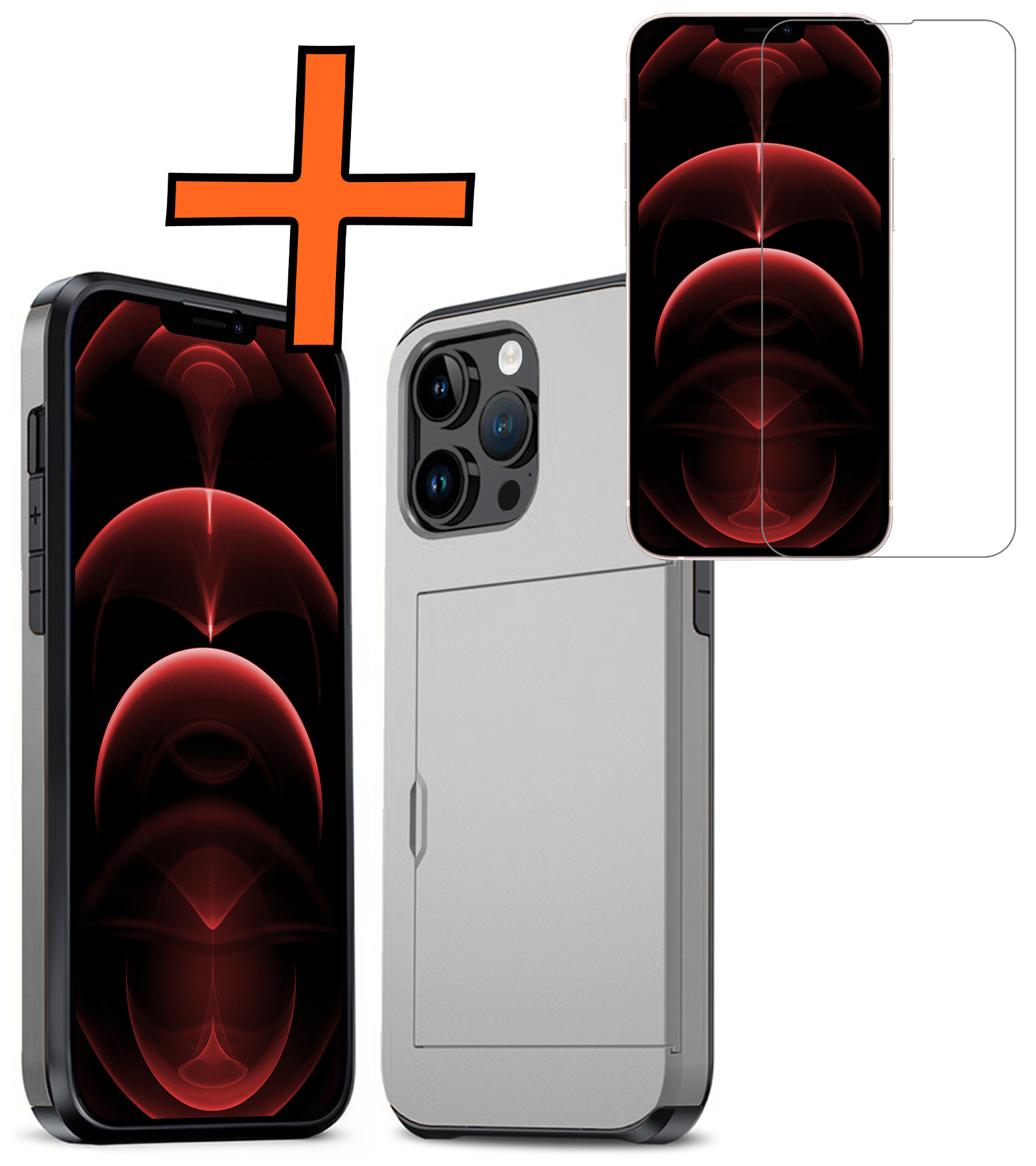 Nomfy Hoesje Geschikt voor iPhone 14 Pro Hoesje Pasjeshouder Shockproof Hard Case Met Screenprotector - Hoesje Geschikt voor iPhone 14 Pro Hoes Met Kaarthouder - Grijs
