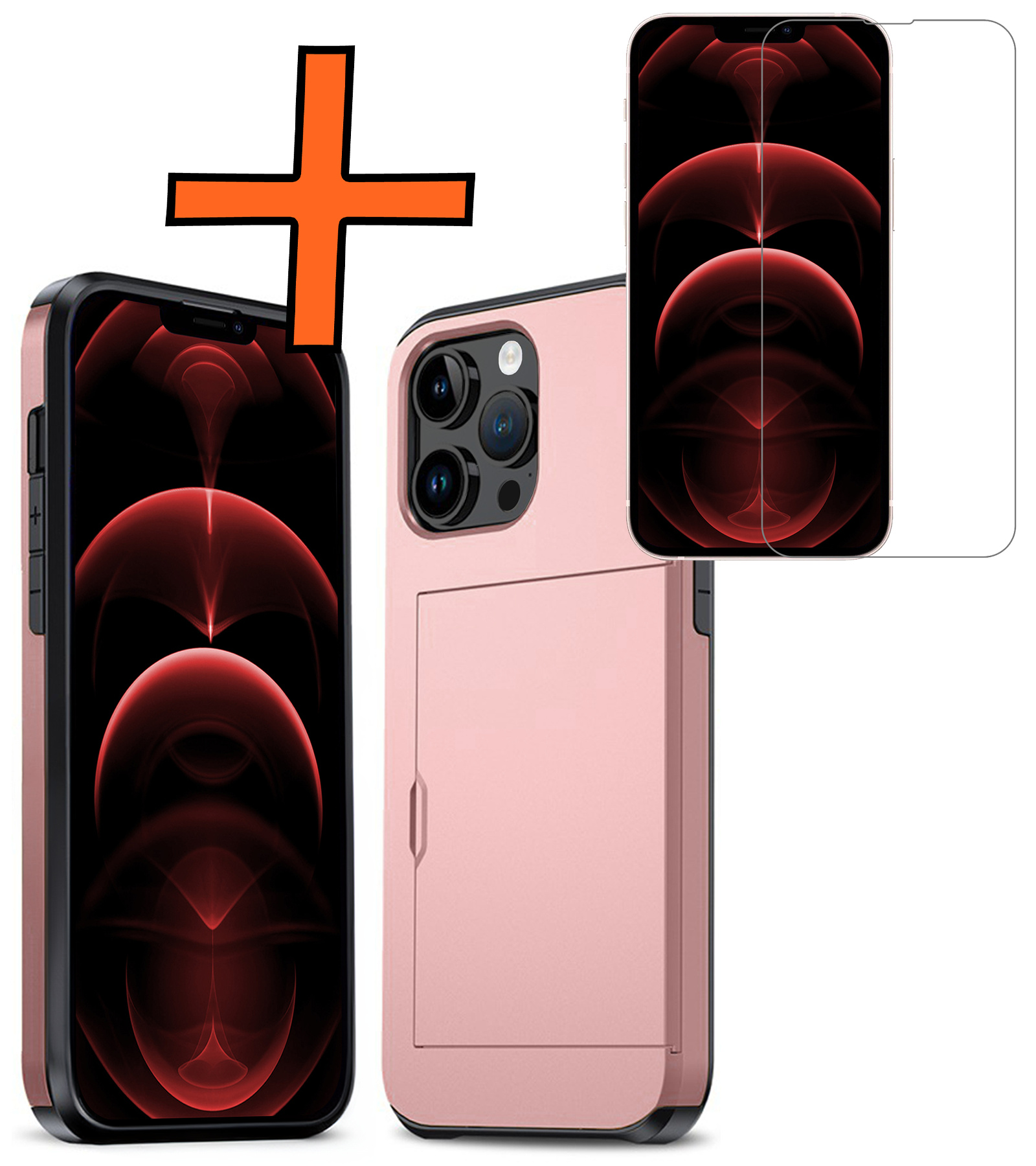 Nomfy Hoesje Geschikt voor iPhone 14 Pro Hoesje Pasjeshouder Shockproof Hard Case Met Screenprotector - Hoesje Geschikt voor iPhone 14 Pro Hoes Met Kaarthouder - Rosé Goud