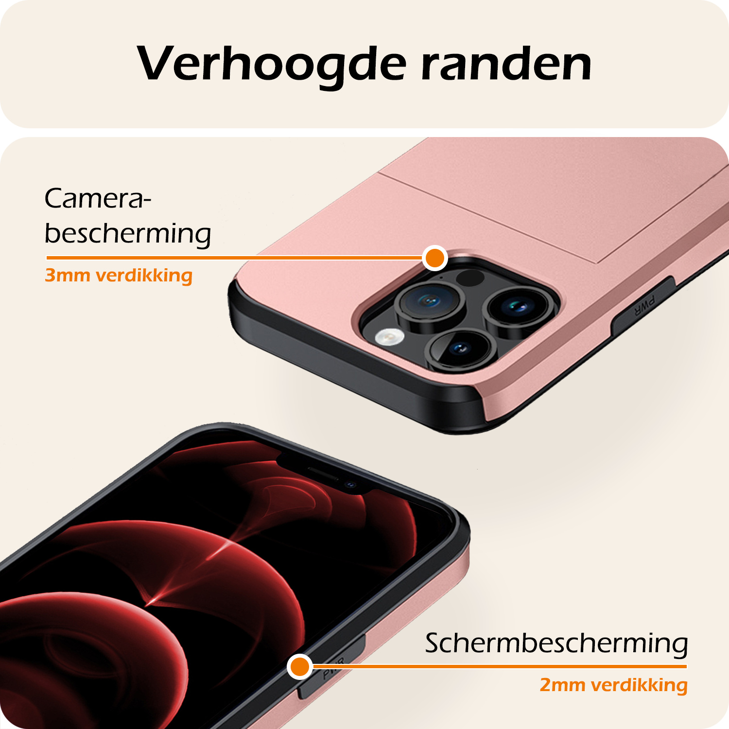 Nomfy Hoesje Geschikt voor iPhone 14 Pro Hoesje Pasjeshouder Shockproof Hard Case Met Screenprotector - Hoesje Geschikt voor iPhone 14 Pro Hoes Met Kaarthouder - Rosé Goud
