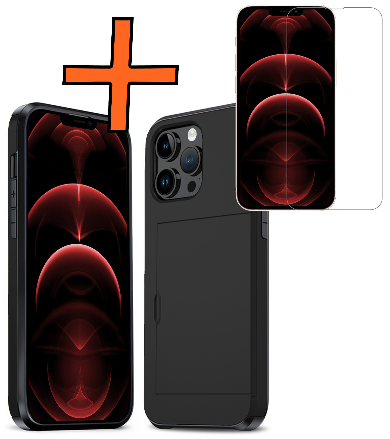 Nomfy Hoesje Geschikt voor iPhone 14 Pro Hoesje Pasjeshouder Shockproof Hard Case Met Screenprotector - Hoesje Geschikt voor iPhone 14 Pro Hoes Met Kaarthouder - Zwart