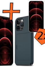 Nomfy Hoesje Geschikt voor iPhone 14 Pro Hoesje Pasjeshouder Shockproof Hard Case Met 2x Screenprotector - Hoesje Geschikt voor iPhone 14 Pro Hoes Met Kaarthouder - Donker Blauw